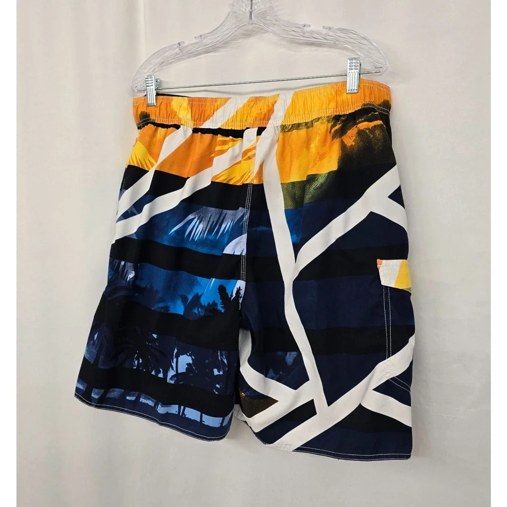 Maui Waves Swim Trunks Men's 2XL Blue Gold Tropical Mesh Lining Tie Front Pocket